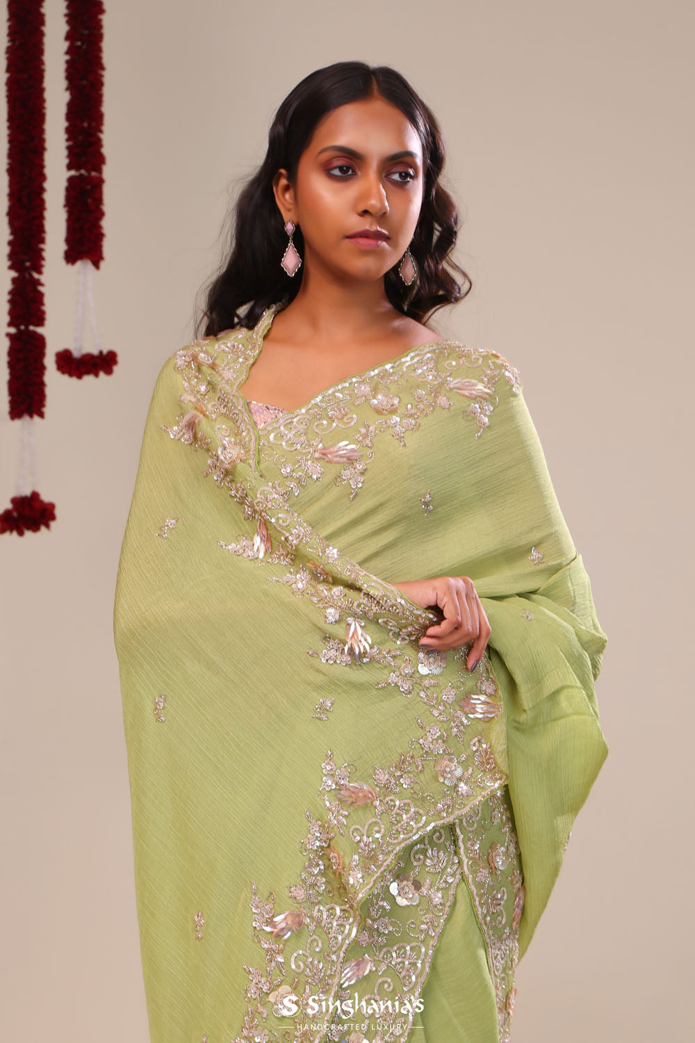 Moss Green Tissue Handcrafted Saree