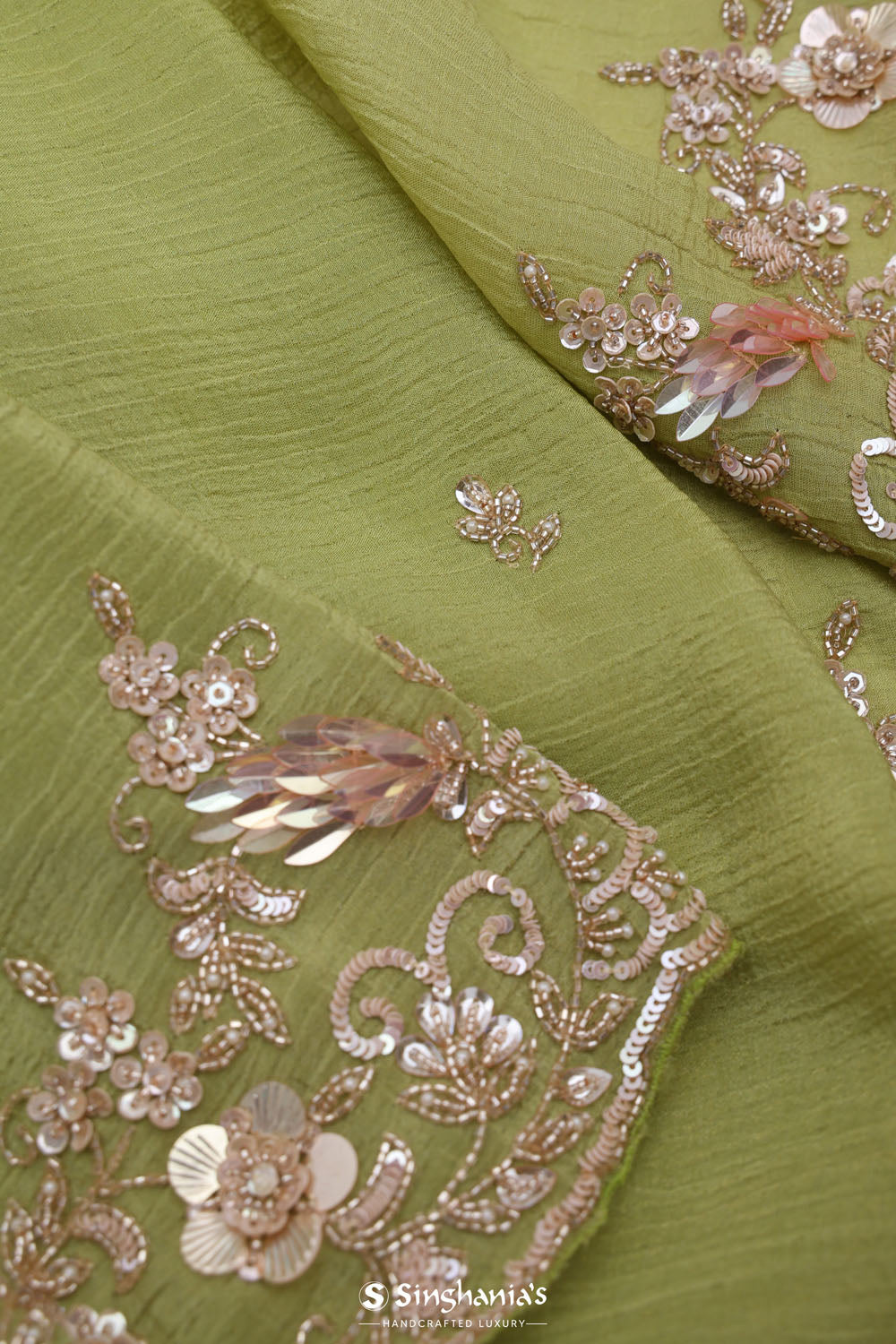 Moss Green Tissue Handcrafted Saree
