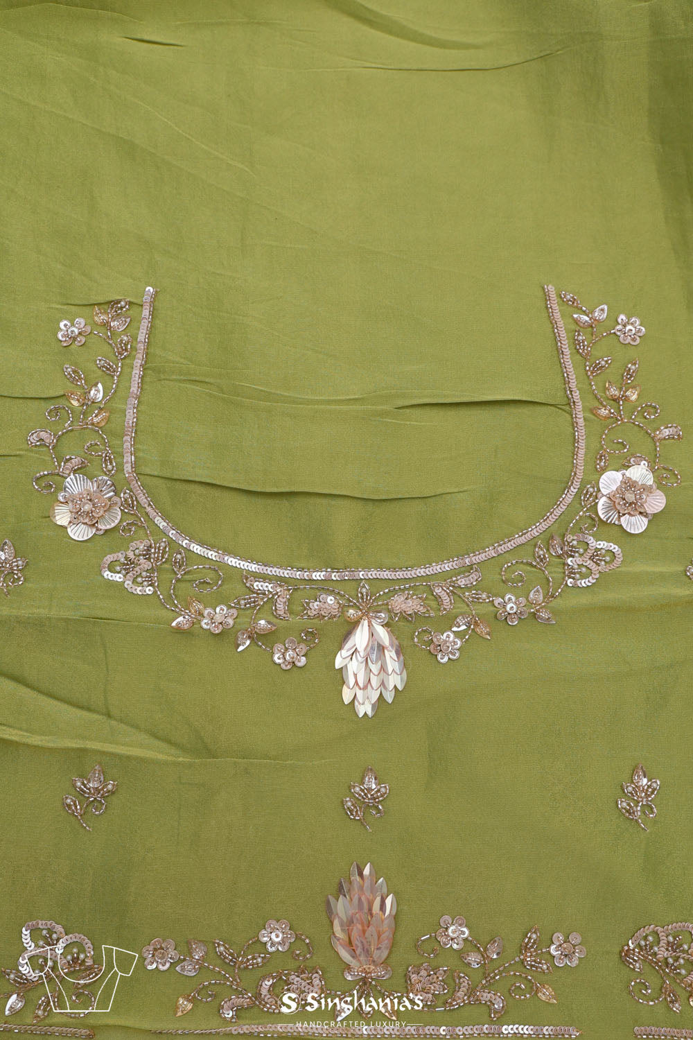 Moss Green Tissue Handcrafted Saree