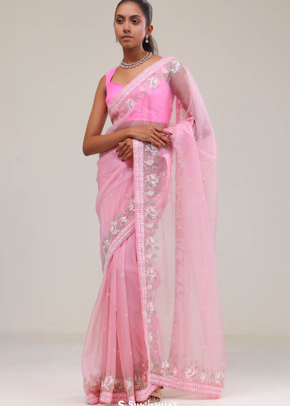 Pastel Pink Crafted Buttis Organza Saree
