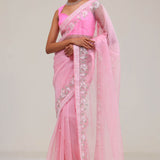 Pastel Pink Crafted Buttis Organza Saree