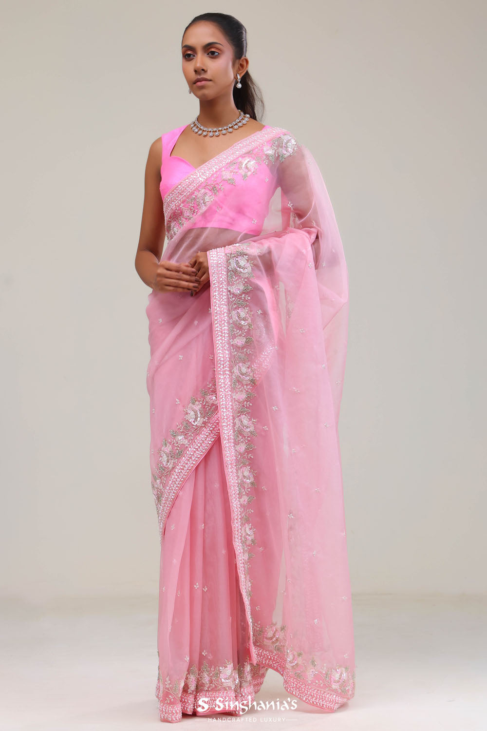Pastel Pink Crafted Buttis Organza Saree