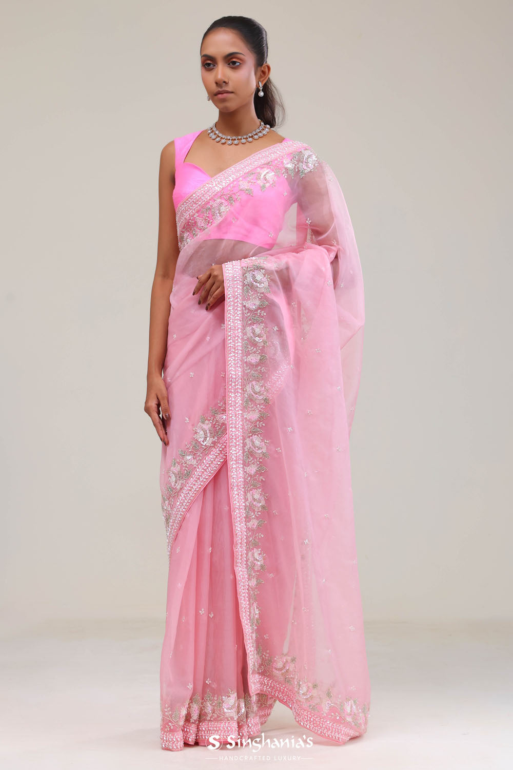 Pastel Pink Crafted Buttis Organza Saree