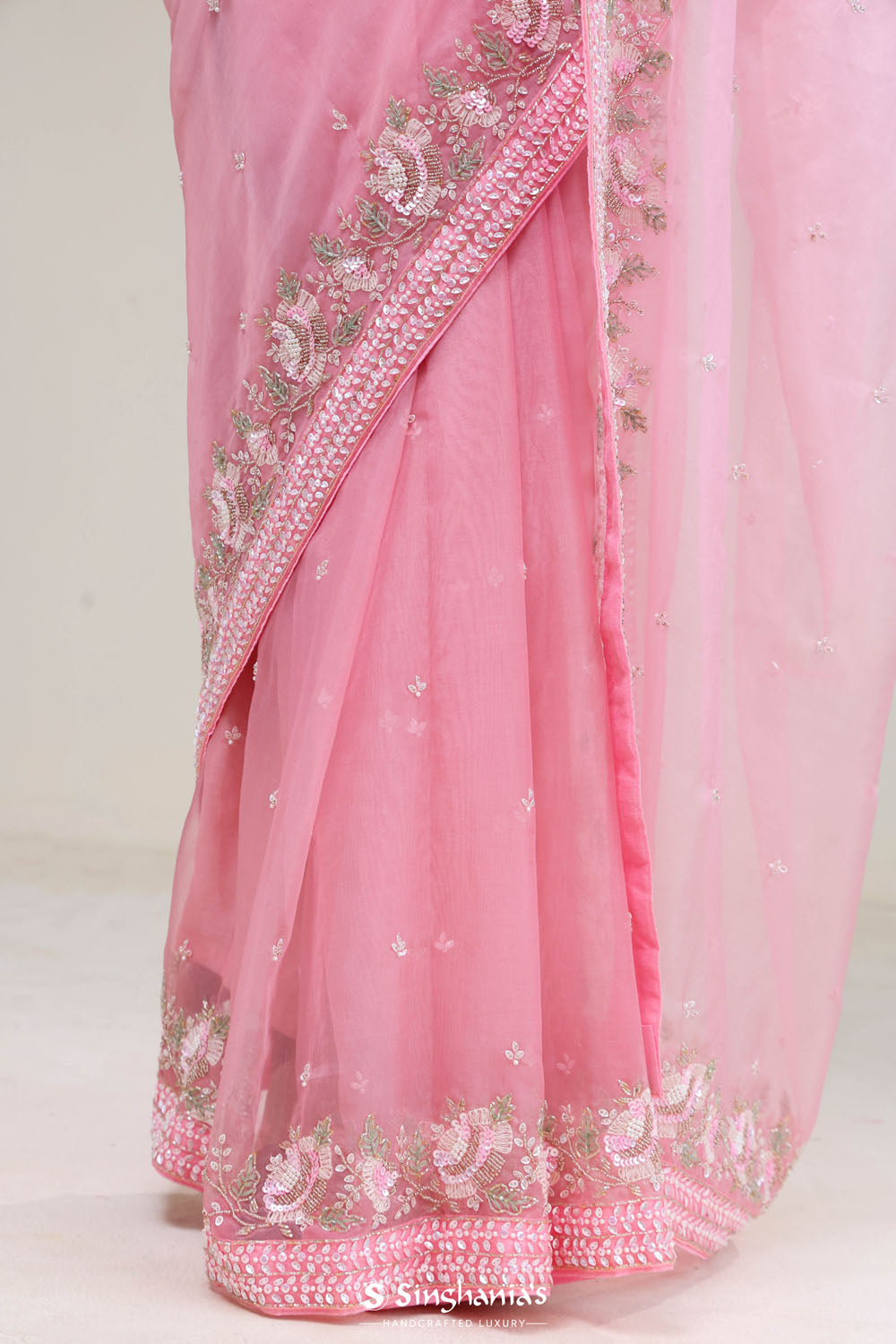Pastel Pink Crafted Buttis Organza Saree