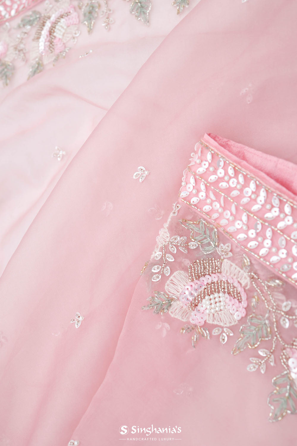 Pastel Pink Crafted Buttis Organza Saree