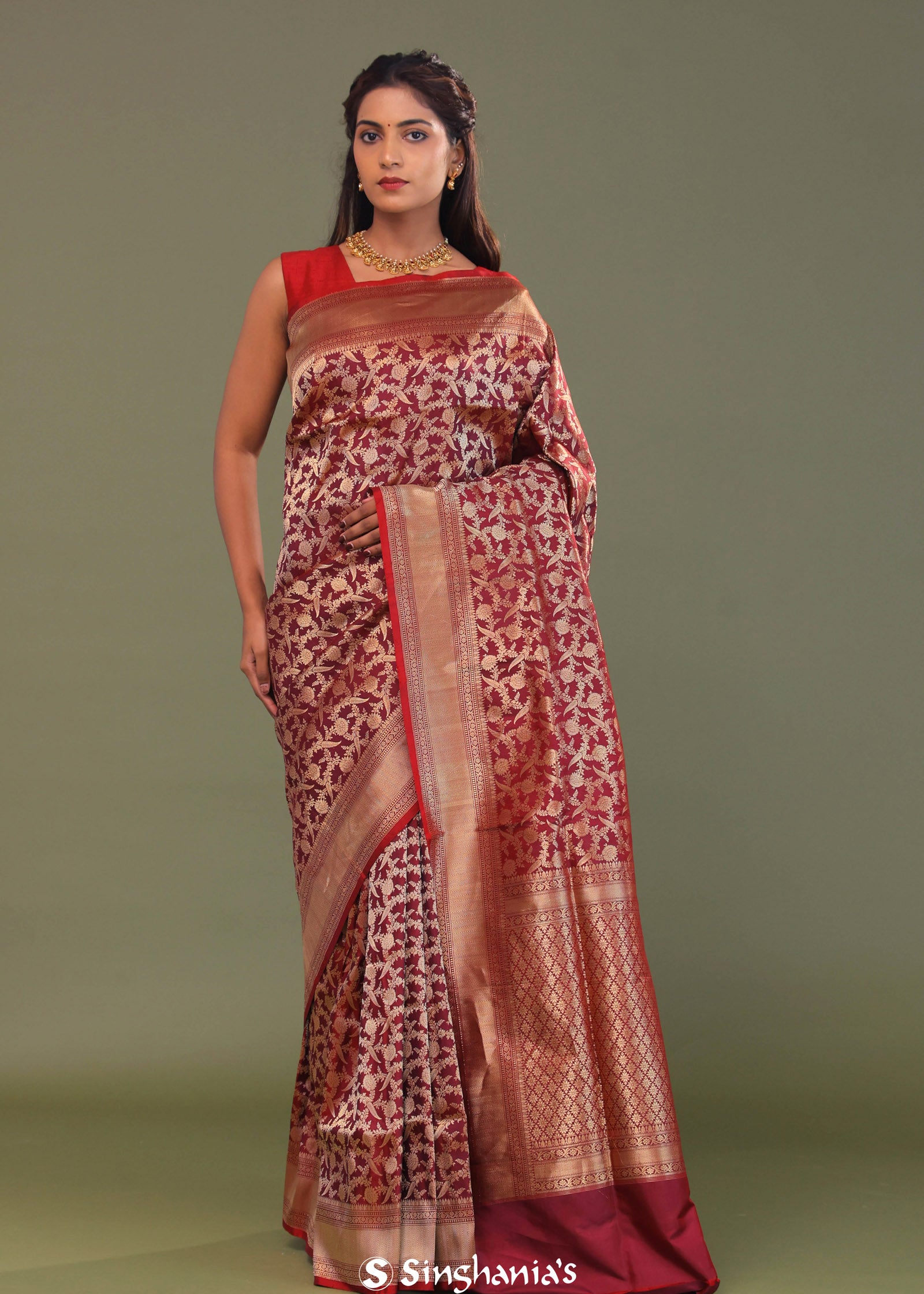 Maroon Banarasi Saree With Full Leaf Jaal