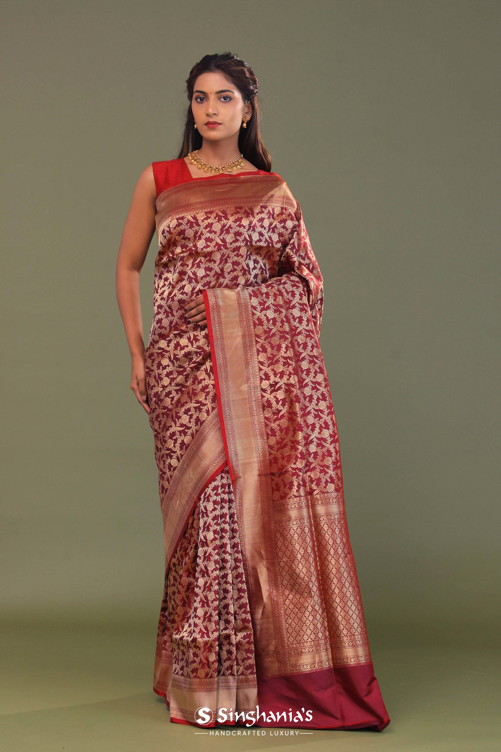 Maroon Banarasi Saree With Full Leaf Jaal