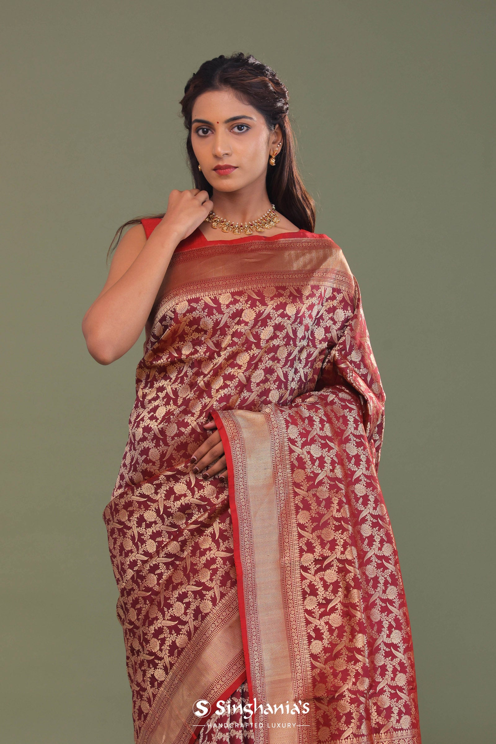 Maroon Banarasi Saree With Full Leaf Jaal