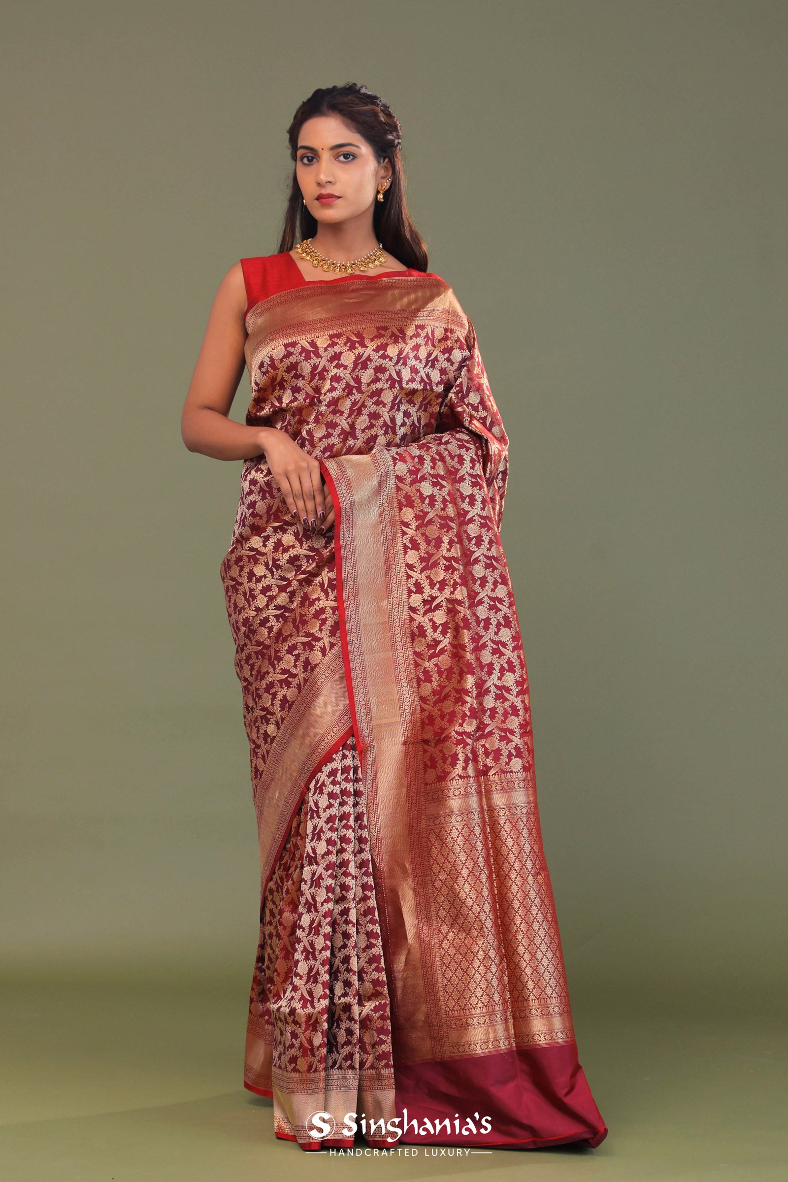 Maroon Banarasi Saree With Full Leaf Jaal