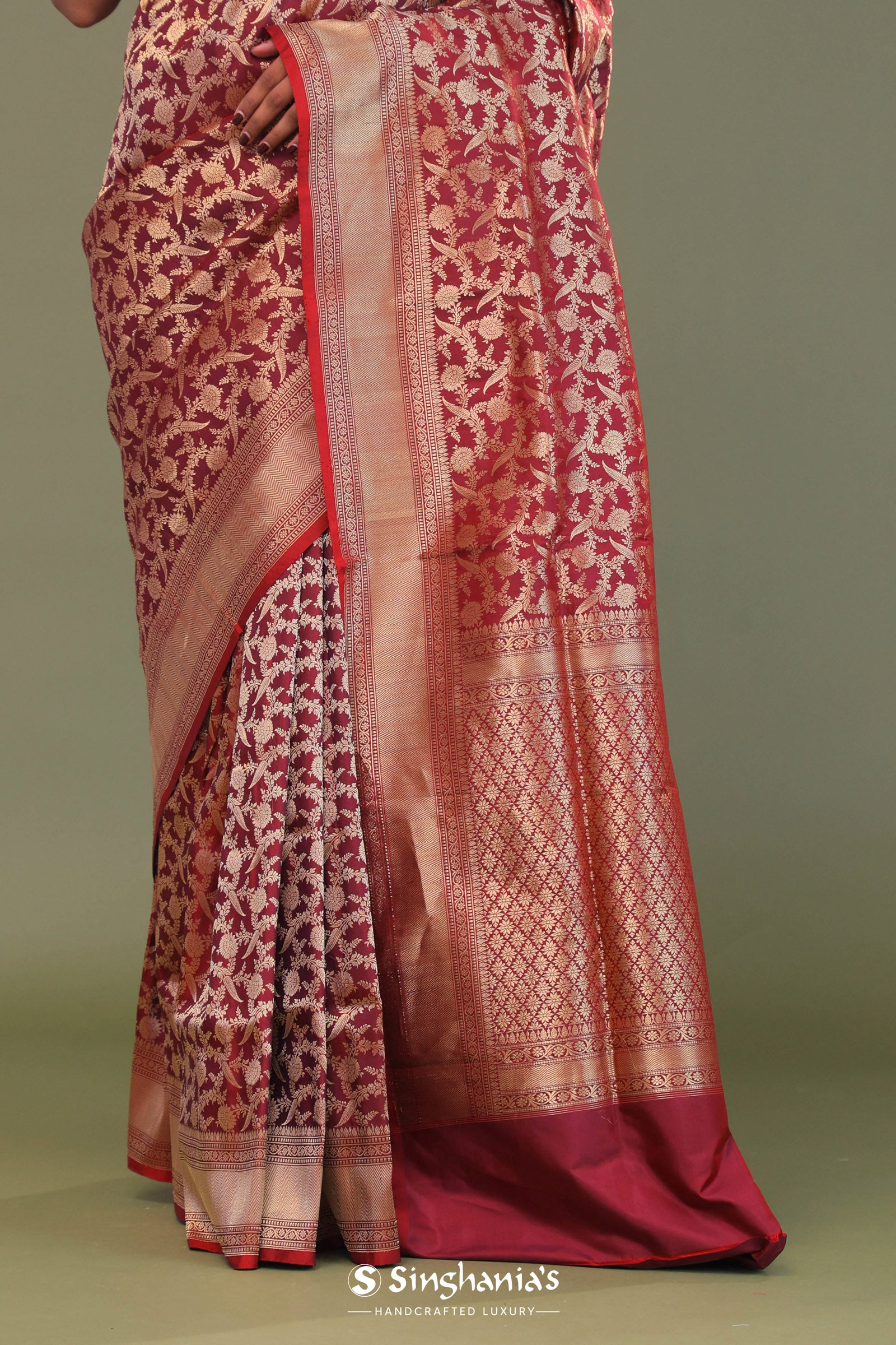 Maroon Banarasi Saree With Full Leaf Jaal