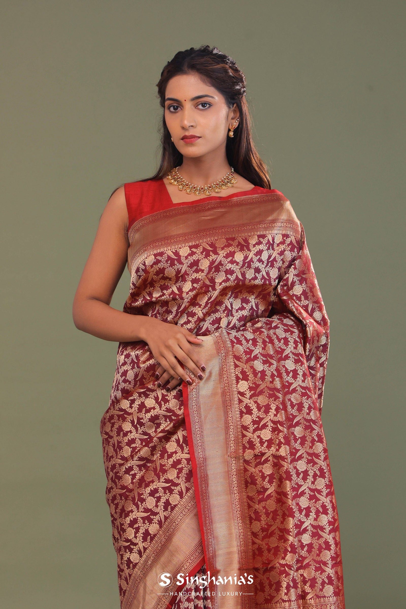 Maroon Banarasi Saree With Full Leaf Jaal