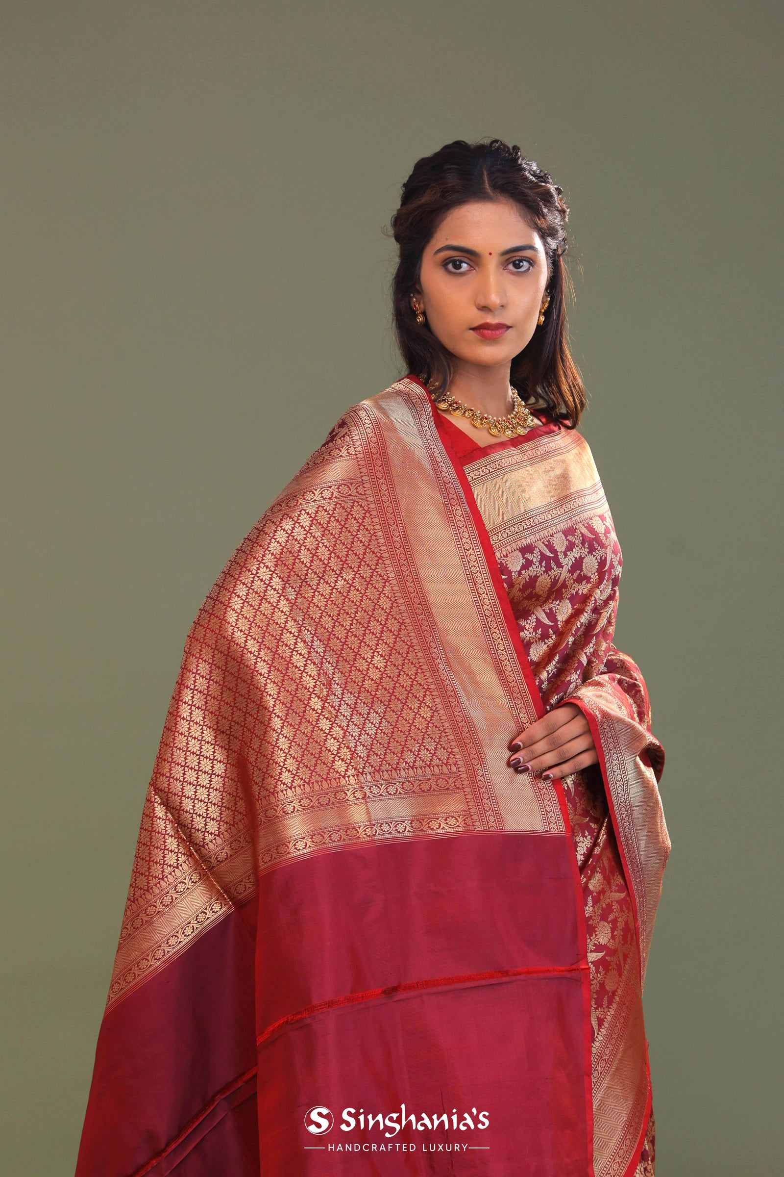 Maroon Banarasi Saree With Full Leaf Jaal