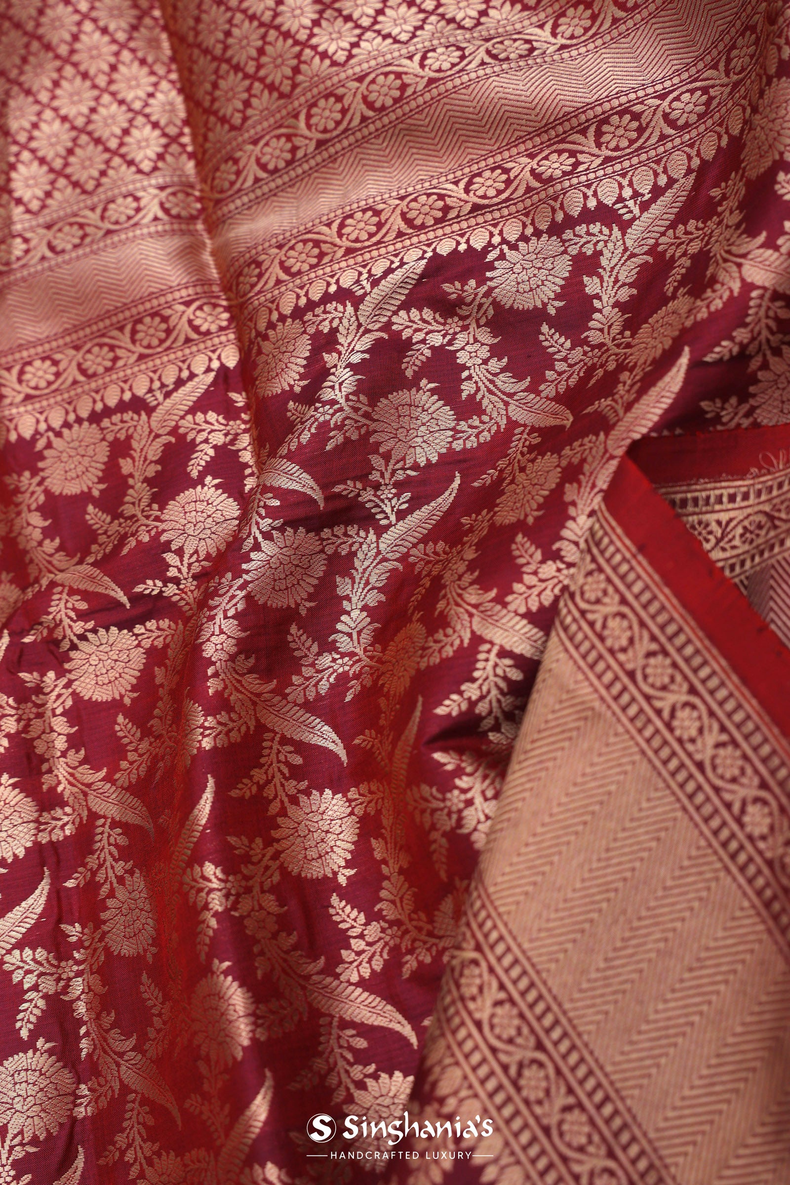 Maroon Banarasi Saree With Full Leaf Jaal