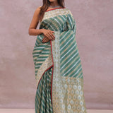 Pale Mint Green Tissue Banarasi Silk Saree With Strap Designs