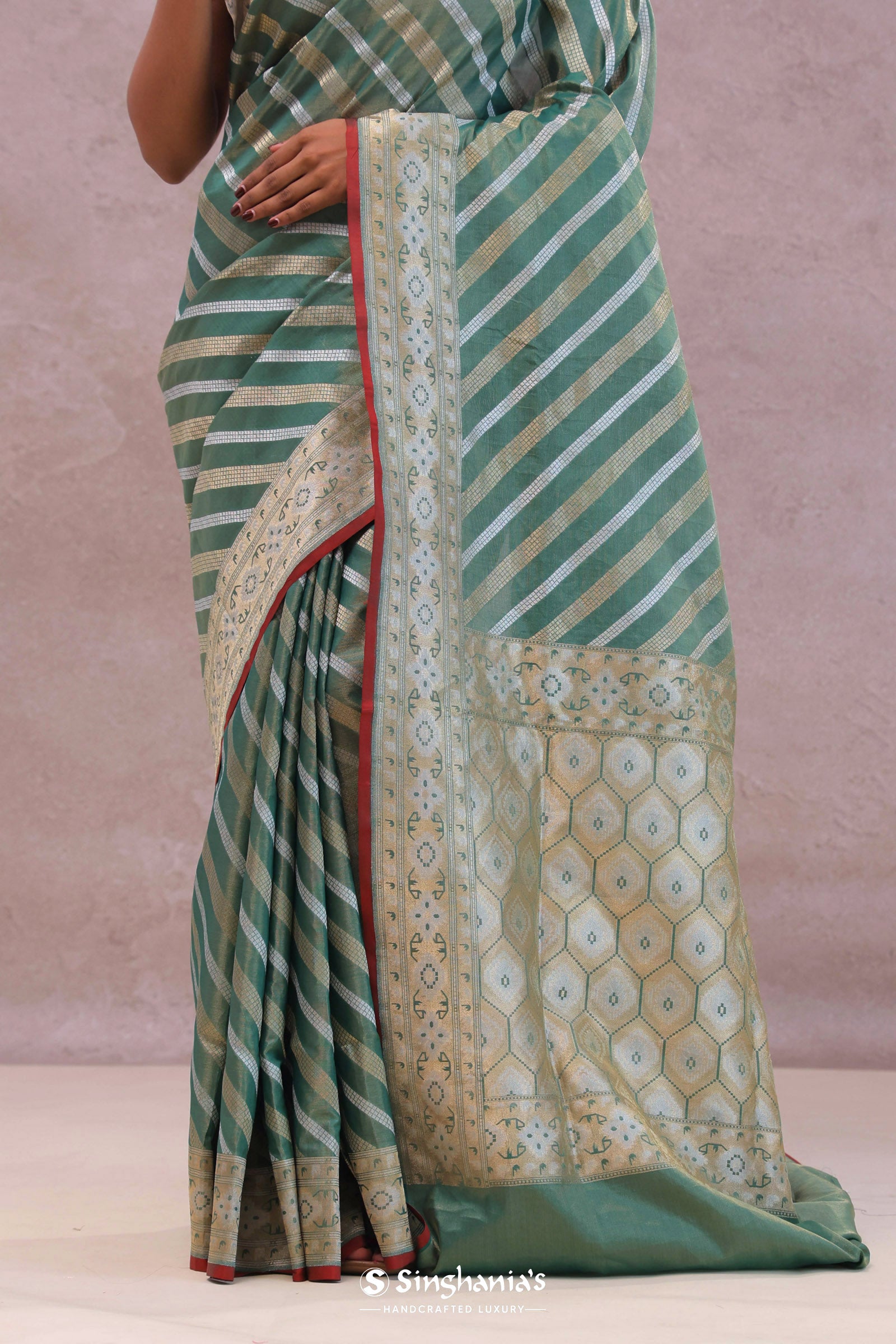 Pale Mint Green Tissue Banarasi Silk Saree With Strap Designs