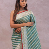 Pale Mint Green Tissue Banarasi Silk Saree With Strap Designs