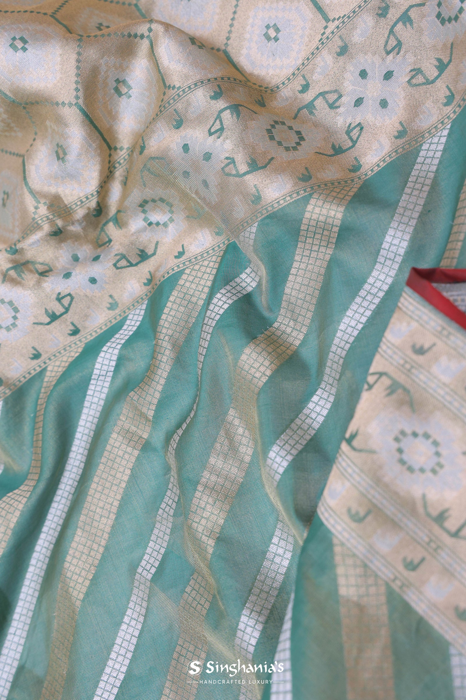 Pale Mint Green Tissue Banarasi Silk Saree With Strap Designs