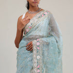 Bluish Grey Tissue Saree With Embroidery Detail