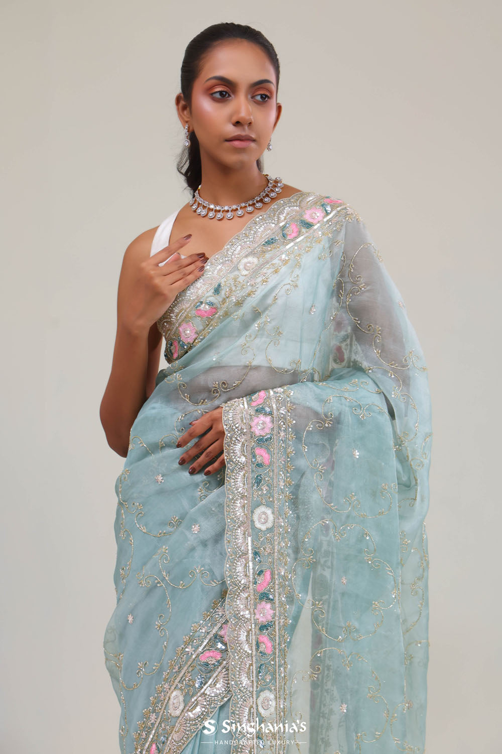 Bluish Grey Tissue Saree With Embroidery Detail