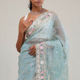 Bluish Grey Tissue Saree With Embroidery Detail