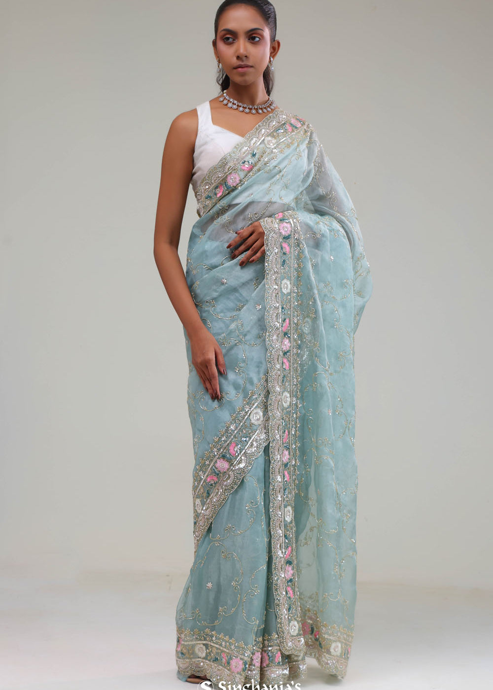 Bluish Grey Tissue Saree With Embroidery Detail