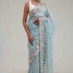 Bluish Grey Tissue Saree With Embroidery Detail