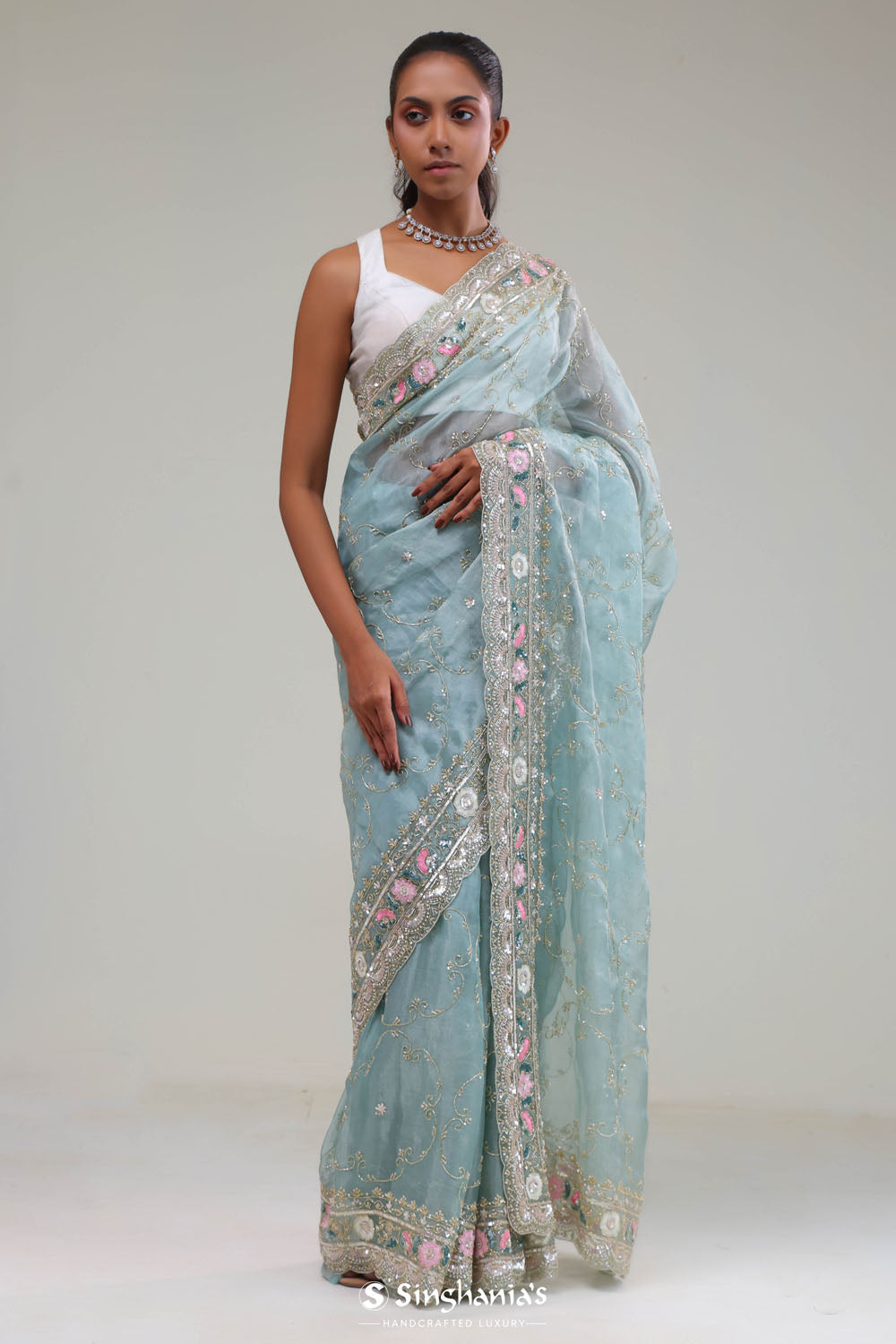 Bluish Grey Tissue Saree With Embroidery Detail