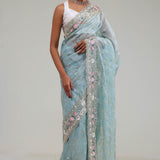 Bluish Grey Tissue Saree With Embroidery Detail