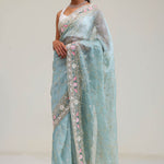 Bluish Grey Tissue Saree With Embroidery Detail