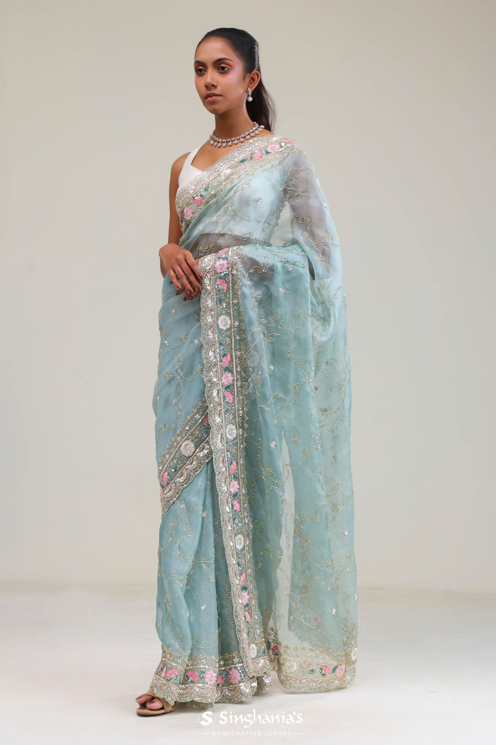 Bluish Grey Tissue Saree With Embroidery Detail