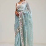 Bluish Grey Tissue Saree With Embroidery Detail