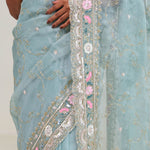Bluish Grey Tissue Saree With Embroidery Detail
