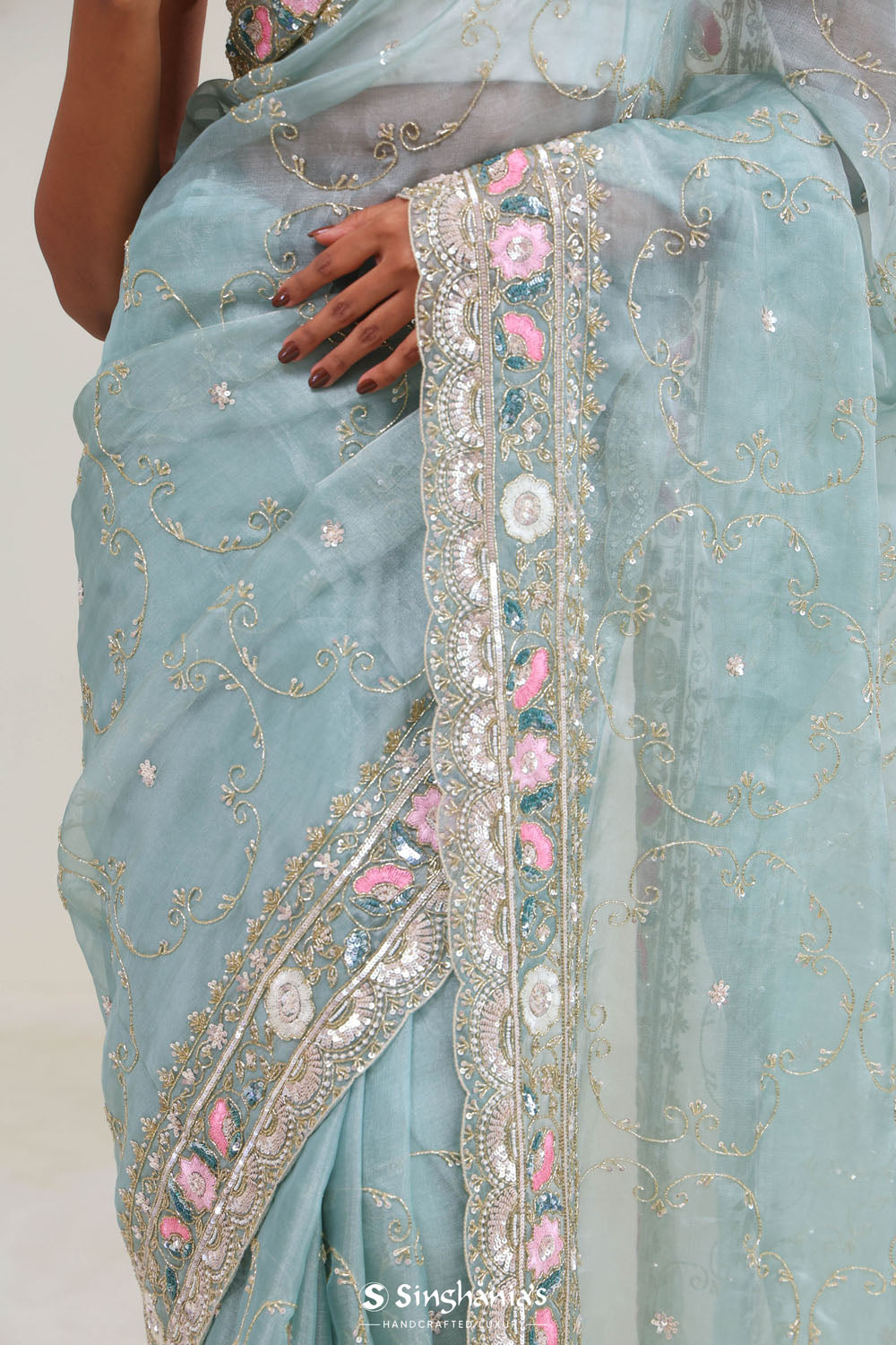 Bluish Grey Tissue Saree With Embroidery Detail