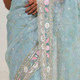 Bluish Grey Tissue Saree With Embroidery Detail