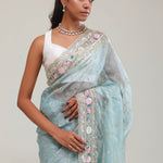 Bluish Grey Tissue Saree With Embroidery Detail