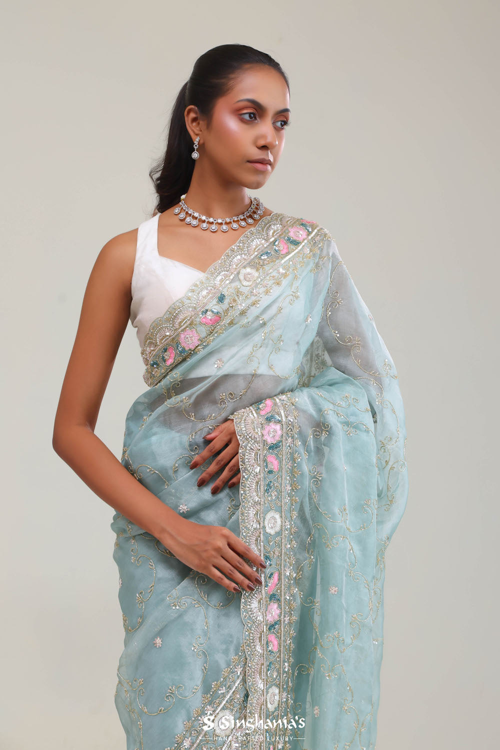 Bluish Grey Tissue Saree With Embroidery Detail