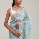 Bluish Grey Tissue Saree With Embroidery Detail