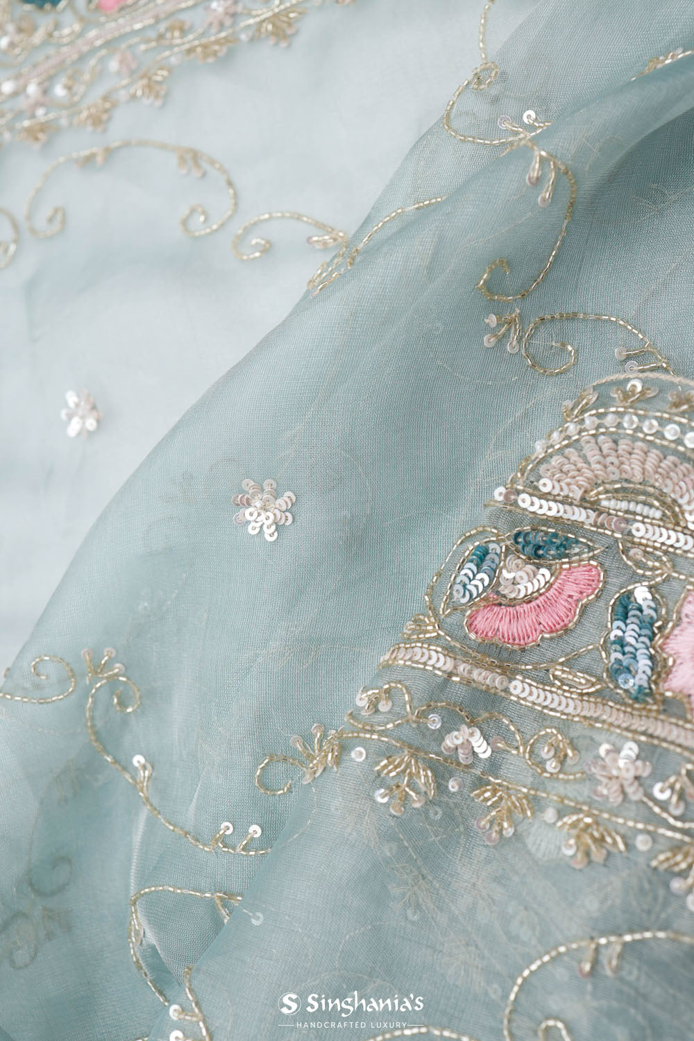 Bluish Grey Tissue Saree With Embroidery Detail