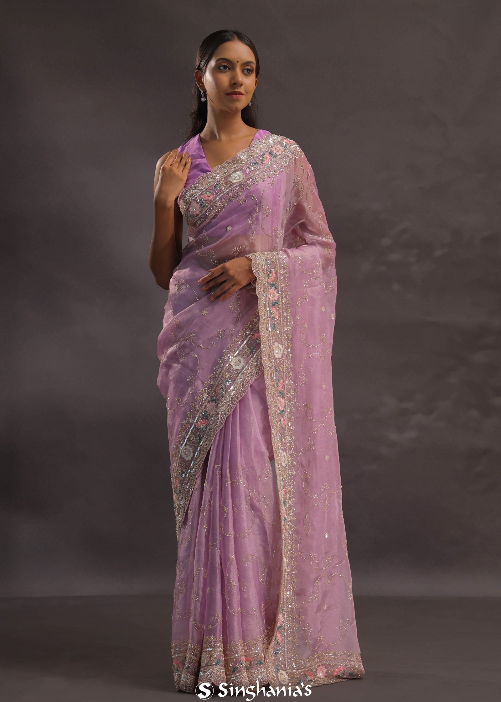Purple Organza Embroidery Saree With Sequins And Pearl Work