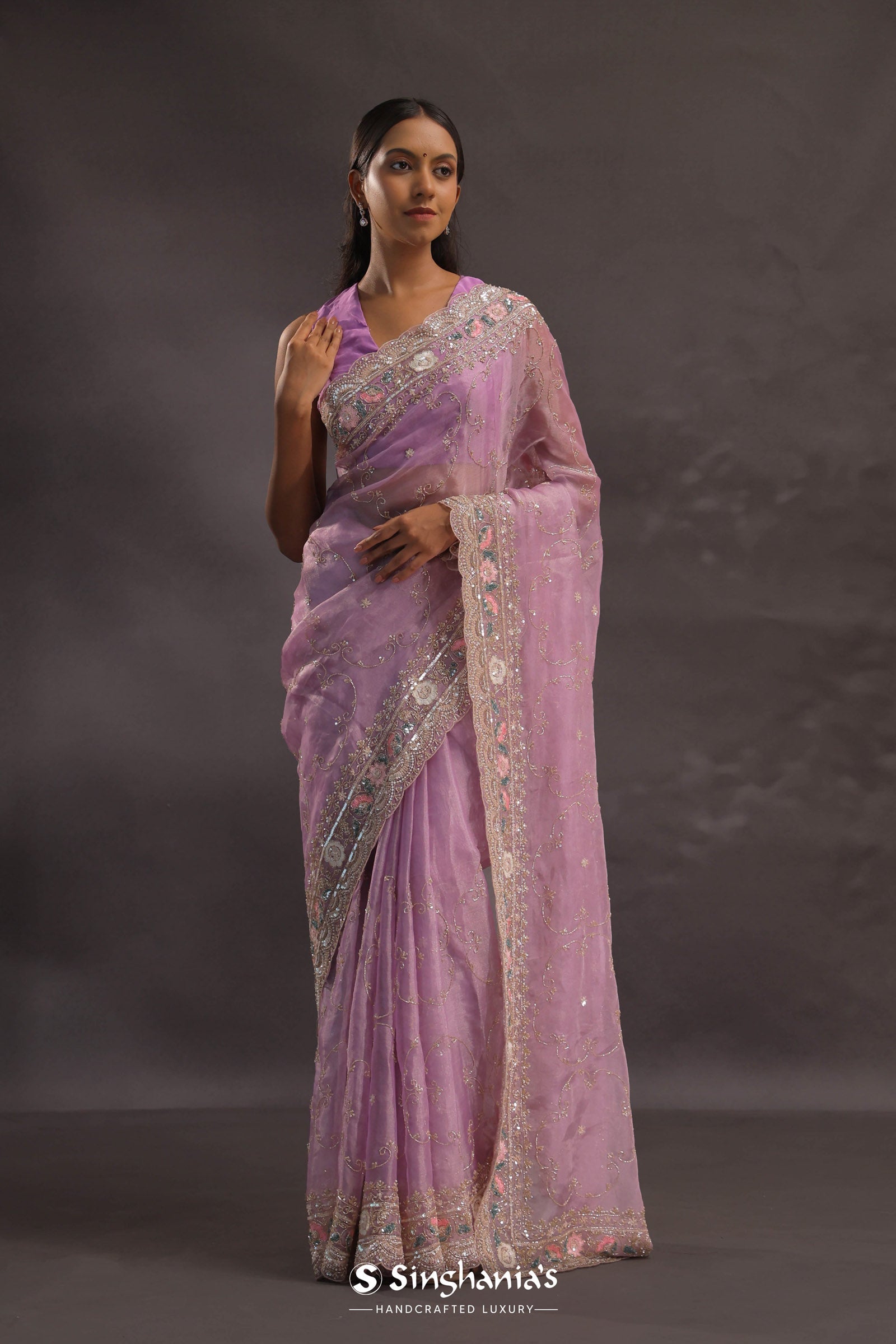 Purple Organza Embroidery Saree With Sequins And Pearl Work