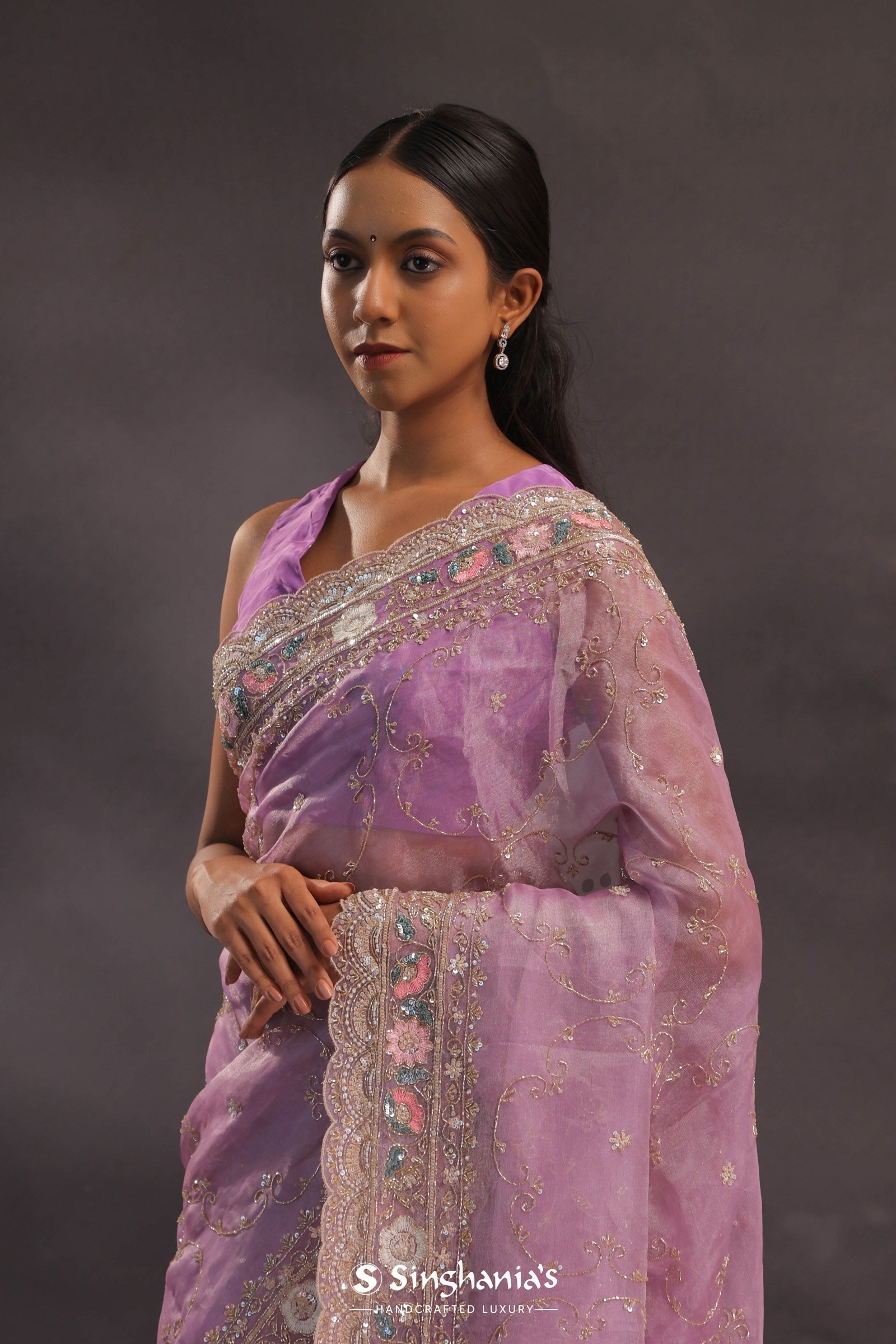 Purple Organza Embroidery Saree With Sequins And Pearl Work