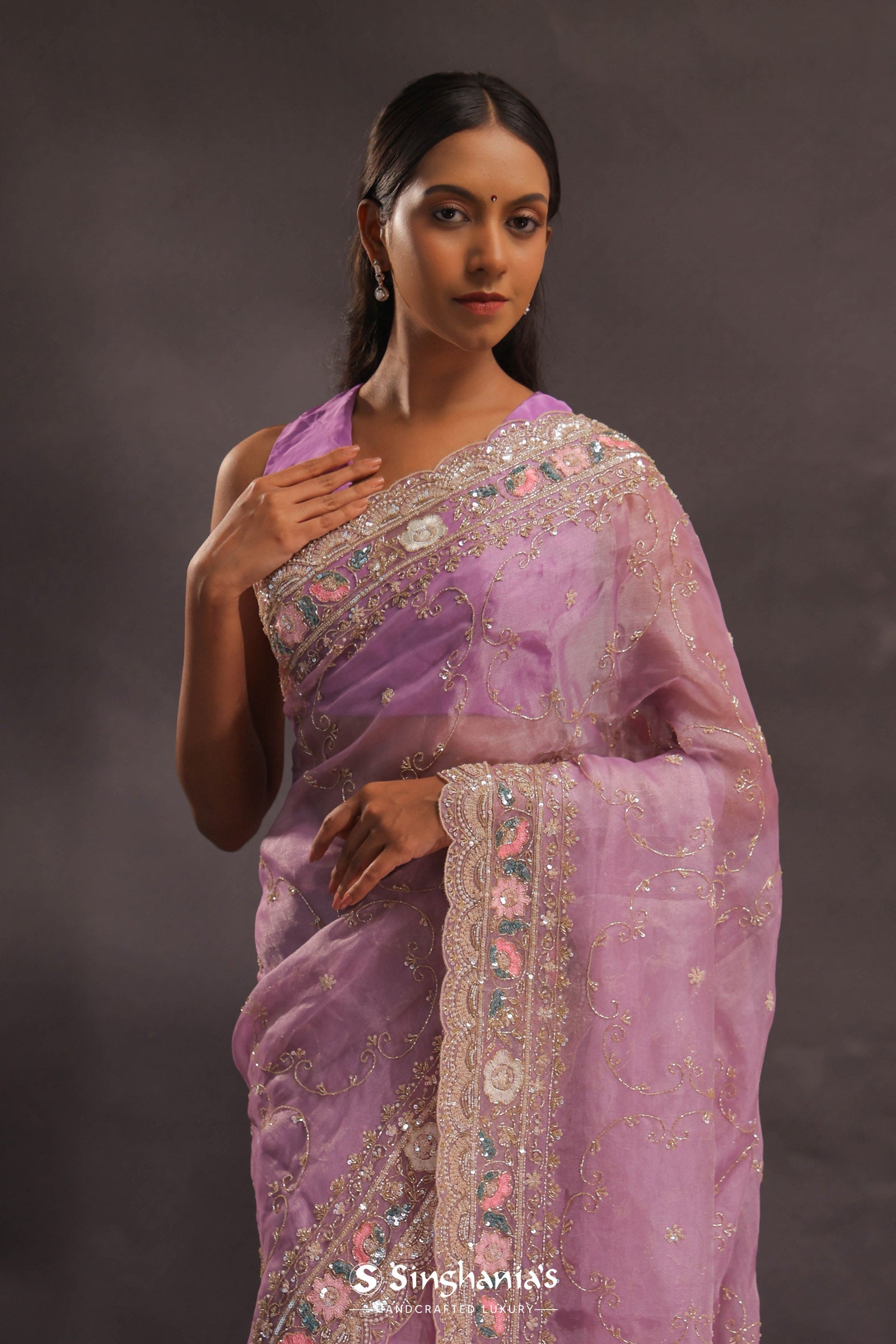 Purple Organza Embroidery Saree With Sequins And Pearl Work