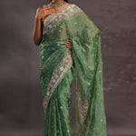 Basil Green Organza Embroidery Saree With Sequins And Pearls Work