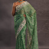 Basil Green Organza Embroidery Saree With Sequins And Pearls Work