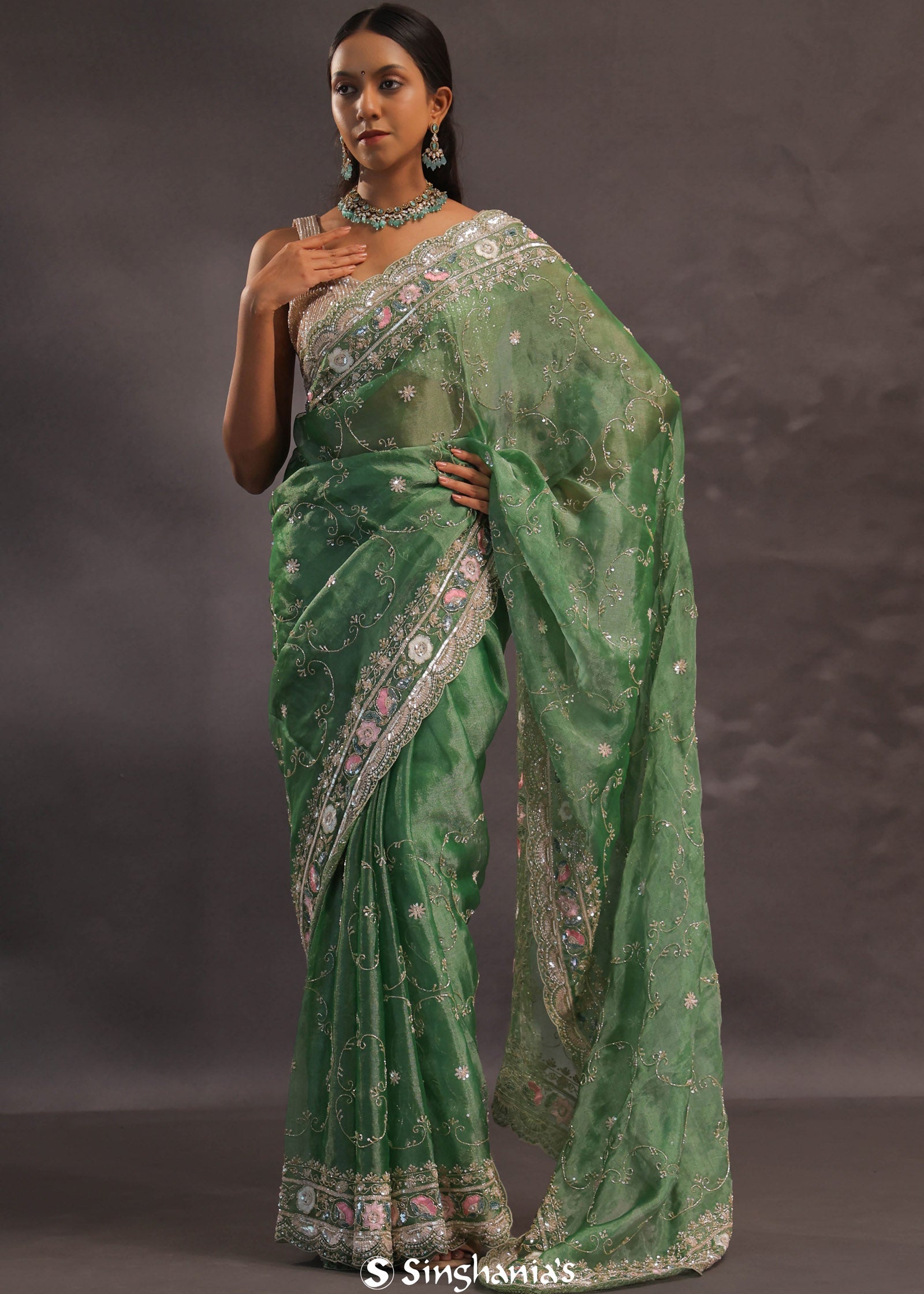 Basil Green Organza Embroidery Saree With Sequins And Pearls Work