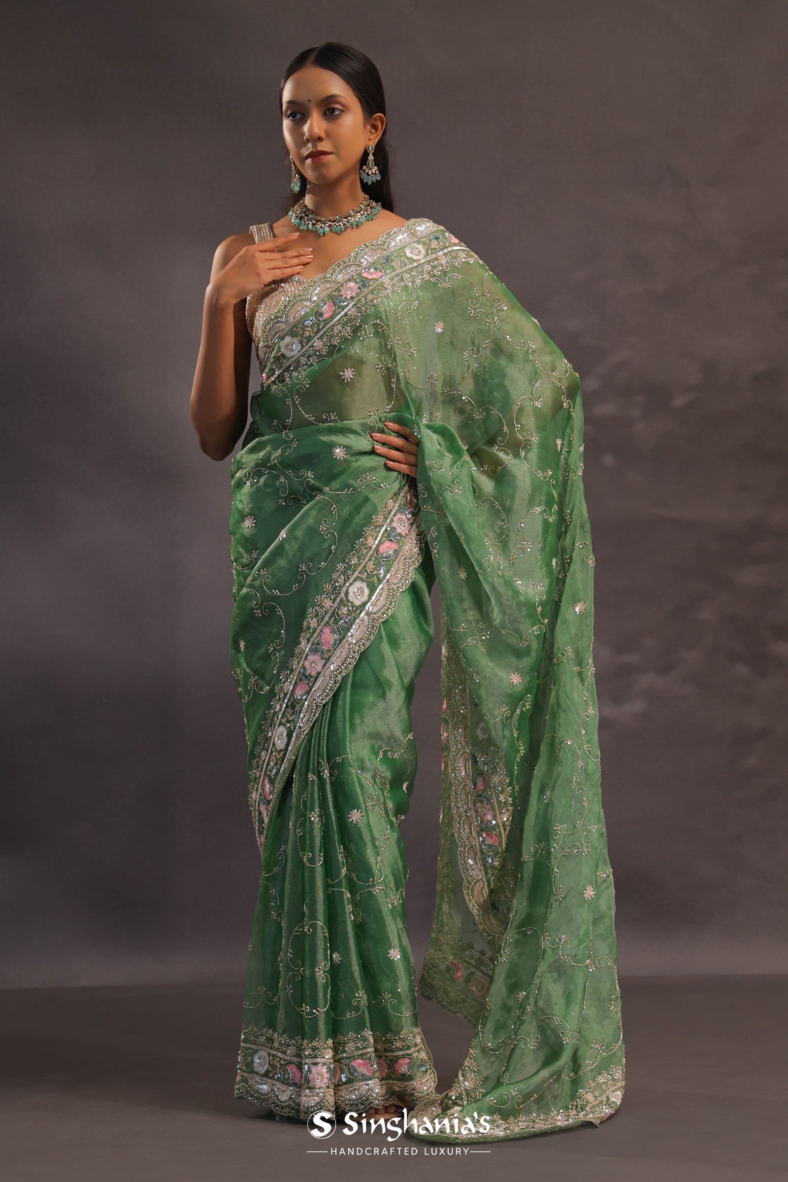Basil Green Organza Embroidery Saree With Sequins And Pearls Work