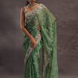 Basil Green Organza Embroidery Saree With Sequins And Pearls Work