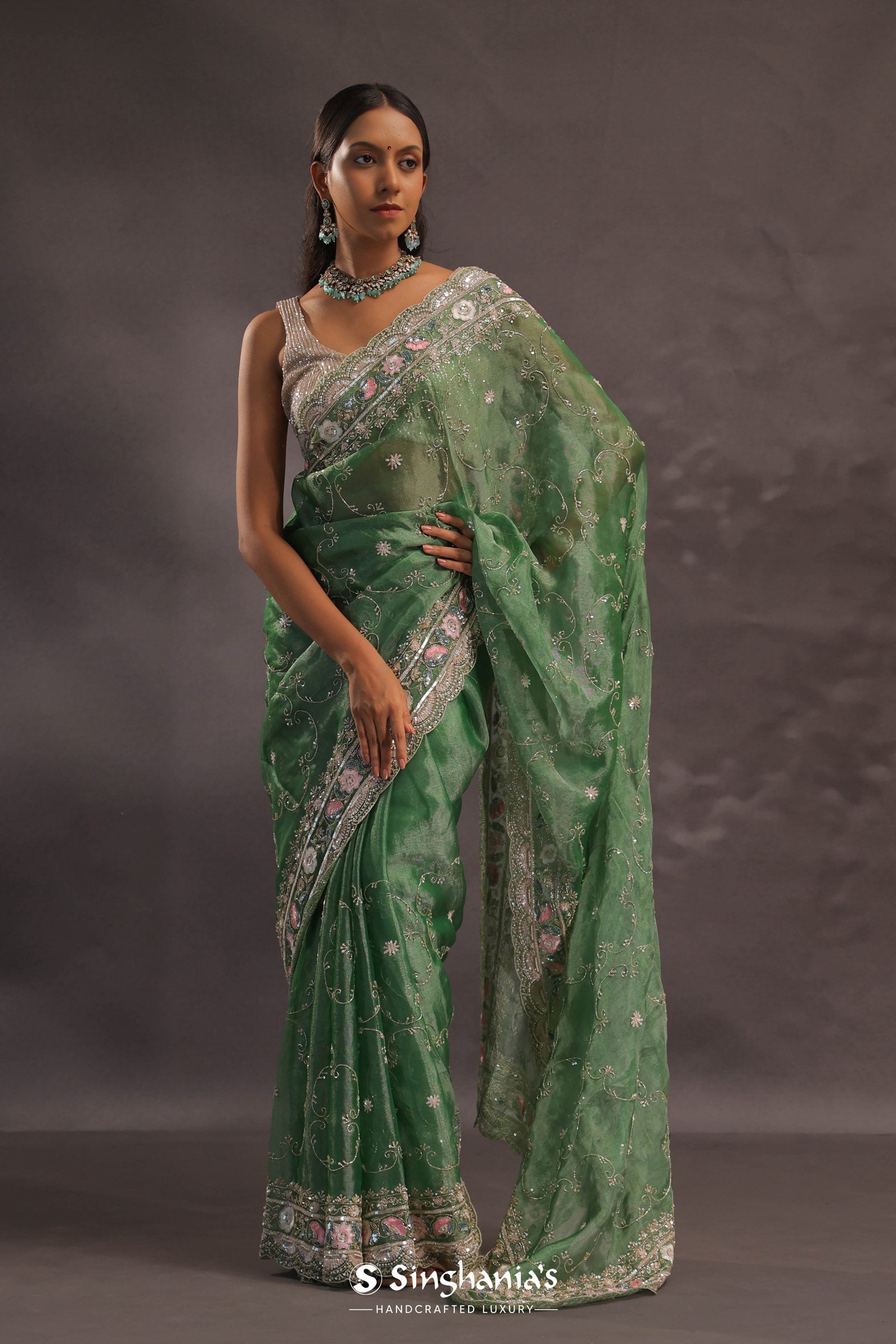 Basil Green Organza Embroidery Saree With Sequins And Pearls Work