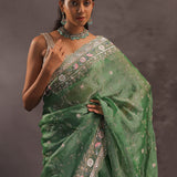 Basil Green Organza Embroidery Saree With Sequins And Pearls Work