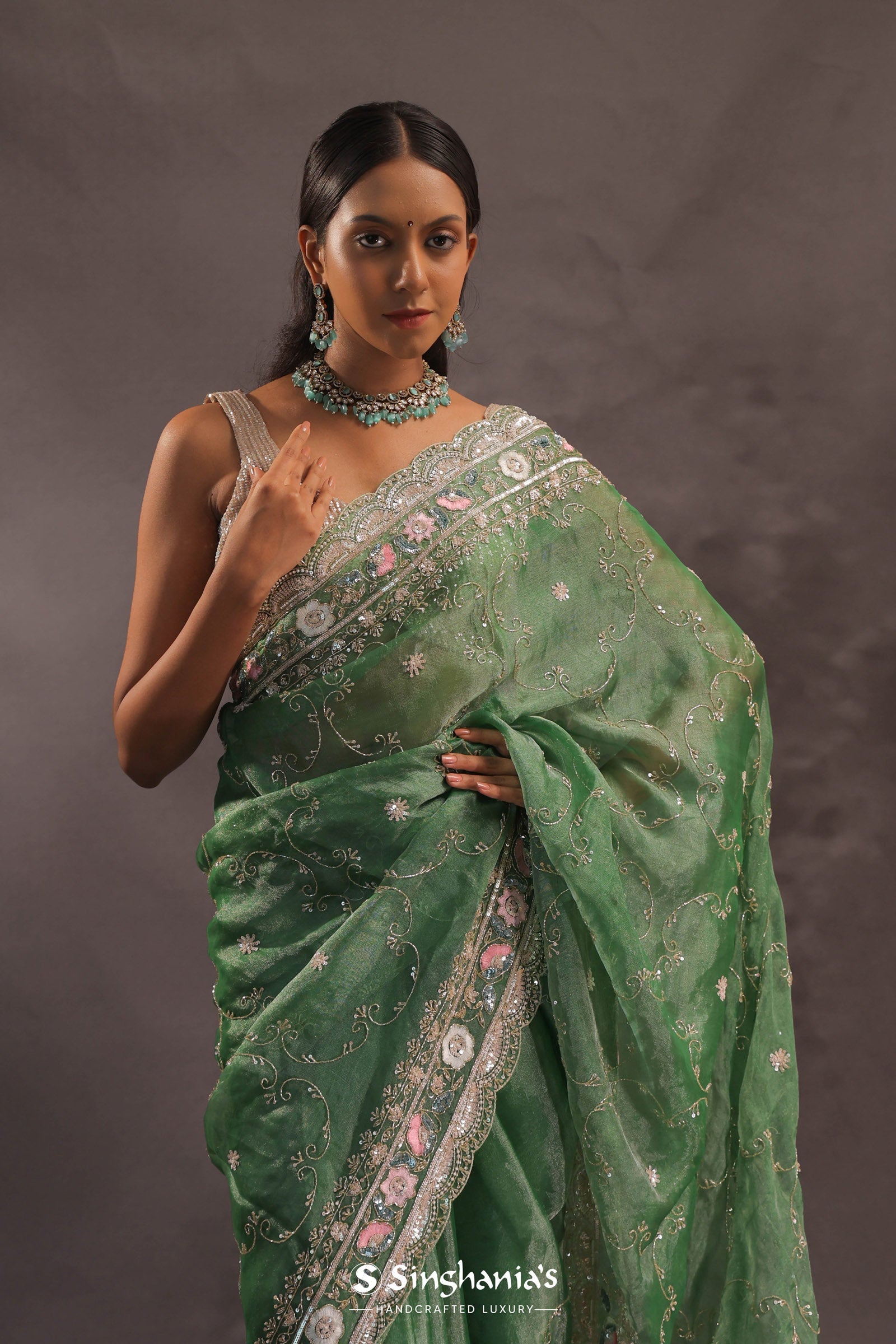 Basil Green Organza Embroidery Saree With Sequins And Pearls Work